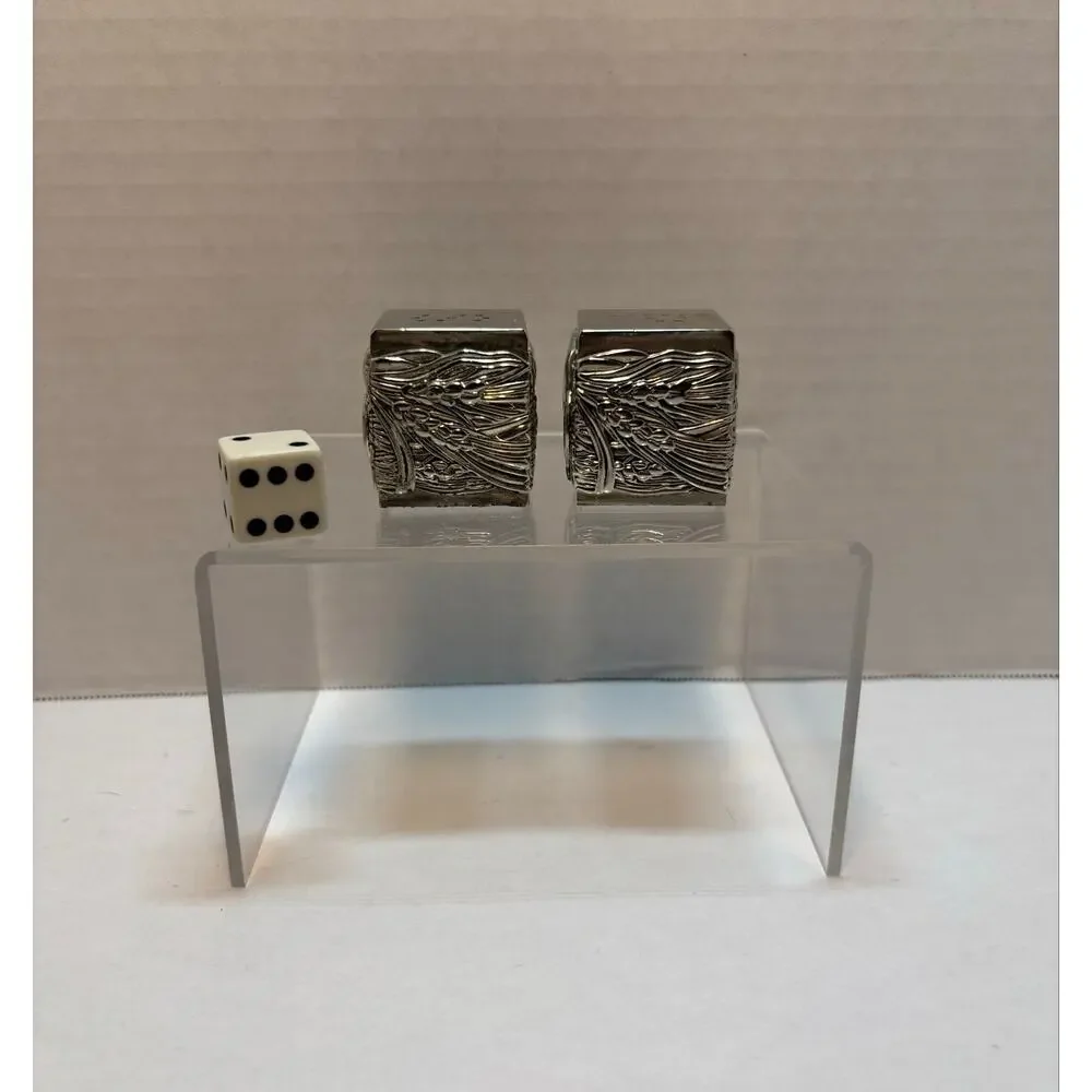 Vintage silver plated cube salt and pepper shakers with holder embossed 3pc set